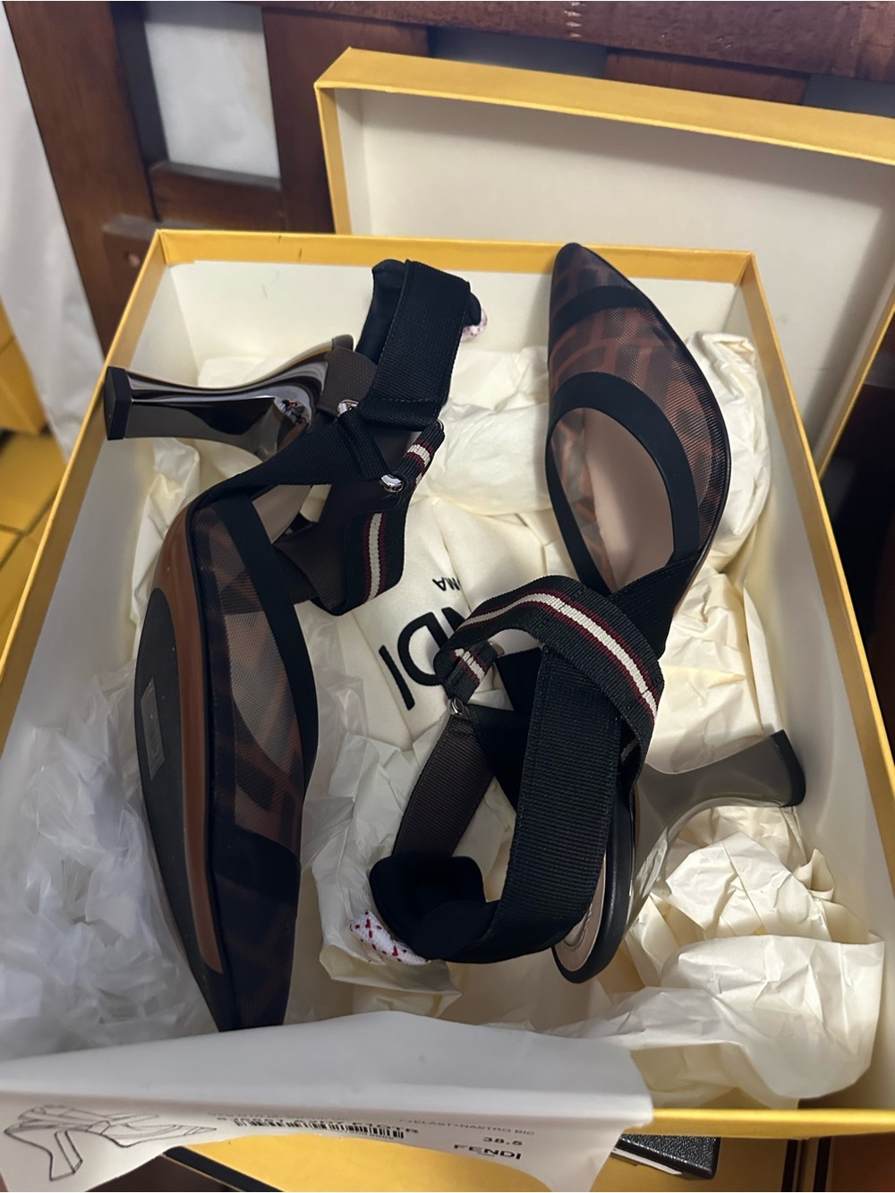 Fendi Brown and Black Mesh Slingback Heels - Picture 8 of 8